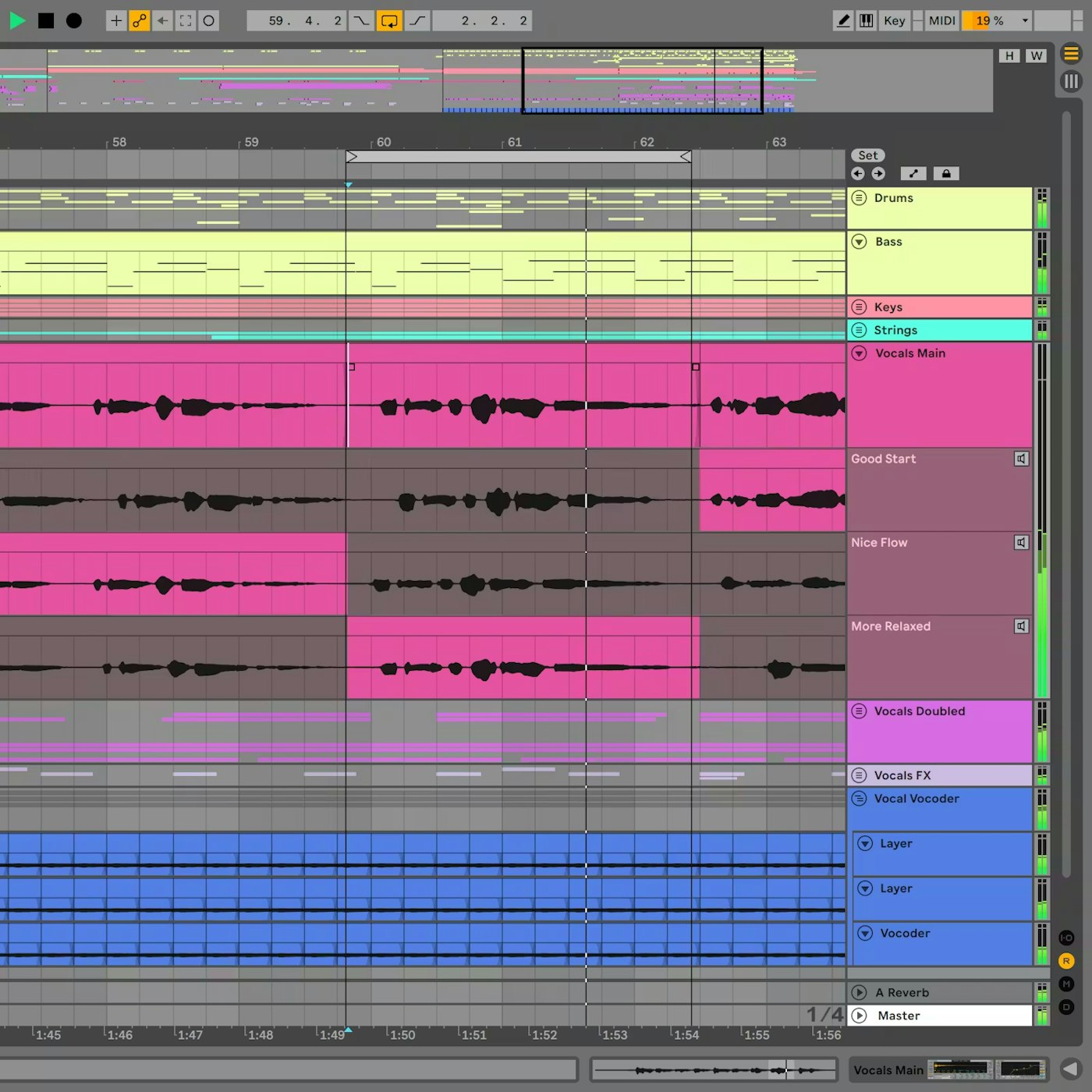 Vista Arrangement de Ableton Live con pistas de audio y MIDI organizadas en una línea de tiempo