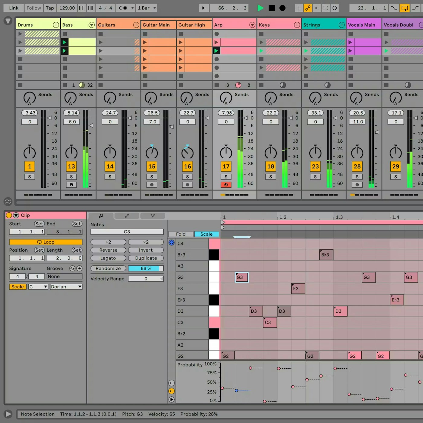 Vista Session de Ableton Live con clips, mezclador y editor de notas MIDI